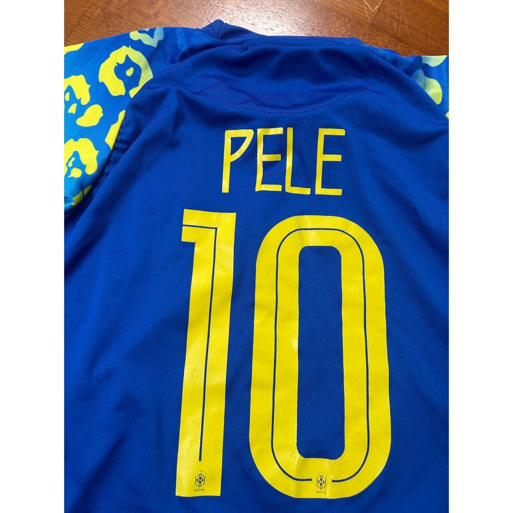 Brazil Soccer Jersey Youth 26 Blue Pele 10 Leopard Print Sleeves - Picture 10 of 11